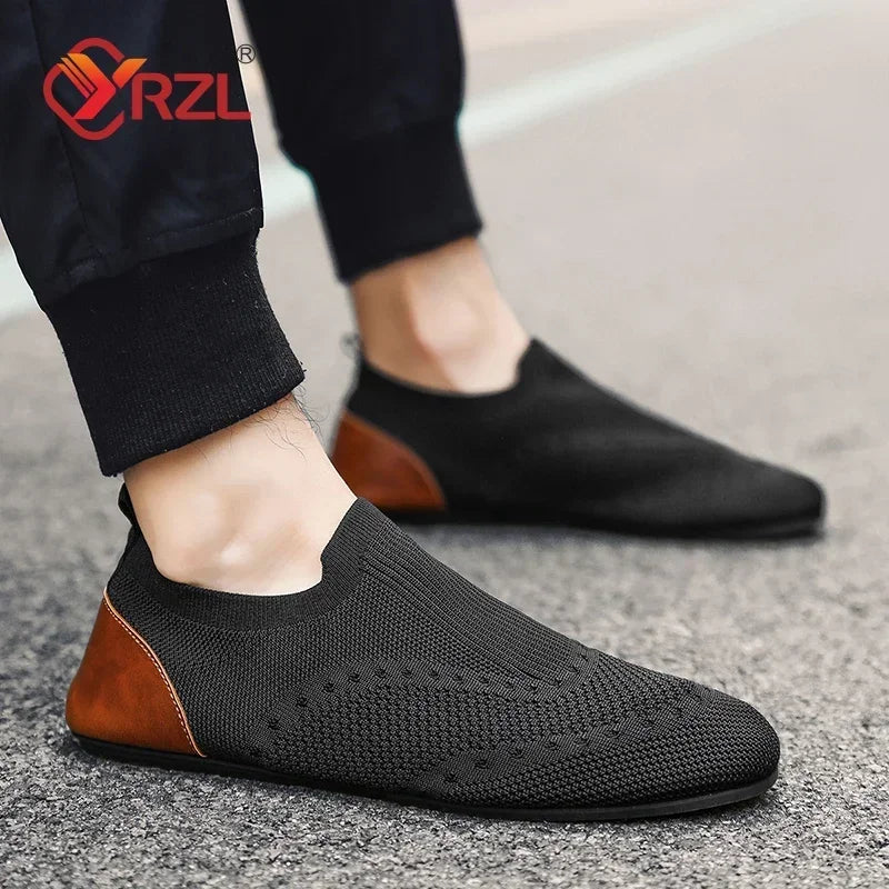 Beige YRZL moccasins for driving, soft leather shoes for men, featuring a comfortable slip-on design and sleek style.