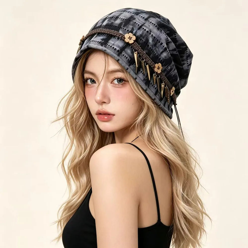 Beige bohemian ethnic slouchy hat for women, vintage style, casual accessory, made by Corporación Turística.
