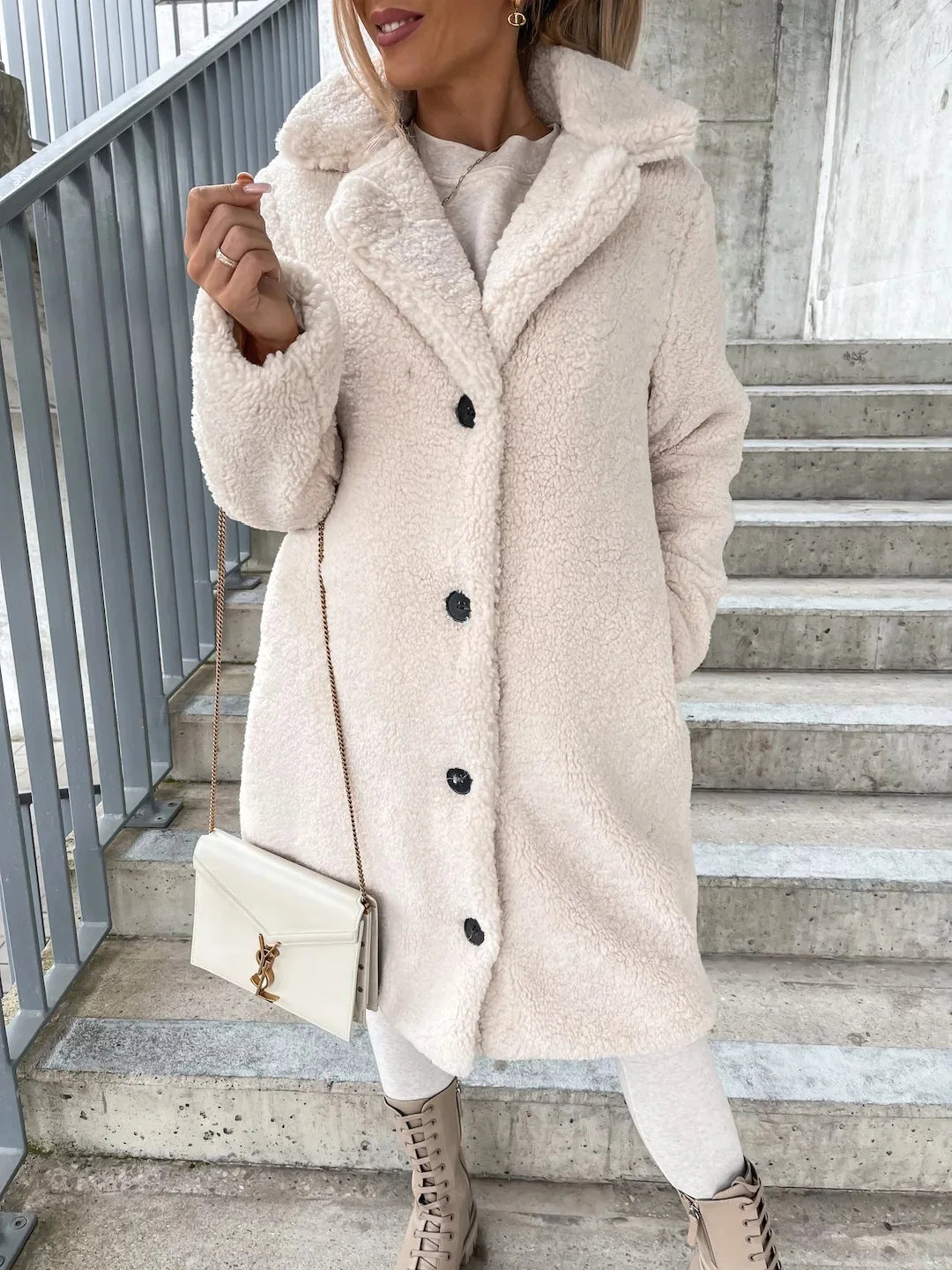 Beige long cozy casual winter coat by Corporación Turística, featuring a loose fit, soft, thick, and plush warm fabric.