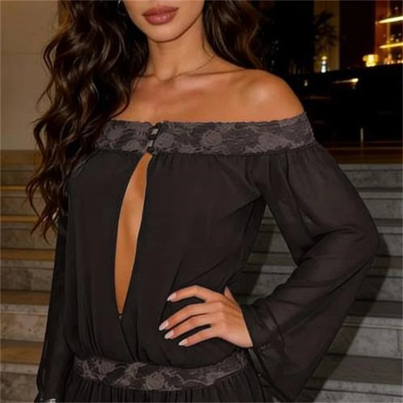 Beige women's off-shoulder jumpsuit with spaghetti straps, stylish and casual, worn by a model for a trendy summer look.