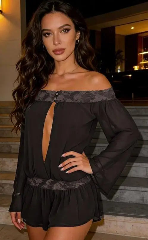 Beige women's off-shoulder romper jumpsuit with sleeveless design, casual style, by Corporación Turística.