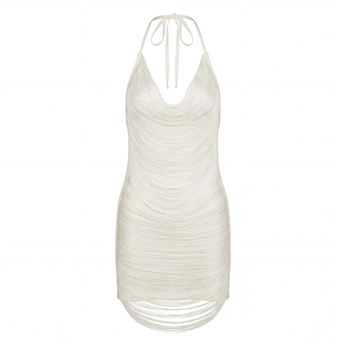 Beige halter dress with tassels for women, shiny, sleeveless, from Corporación Turística, displayed on a hanger.