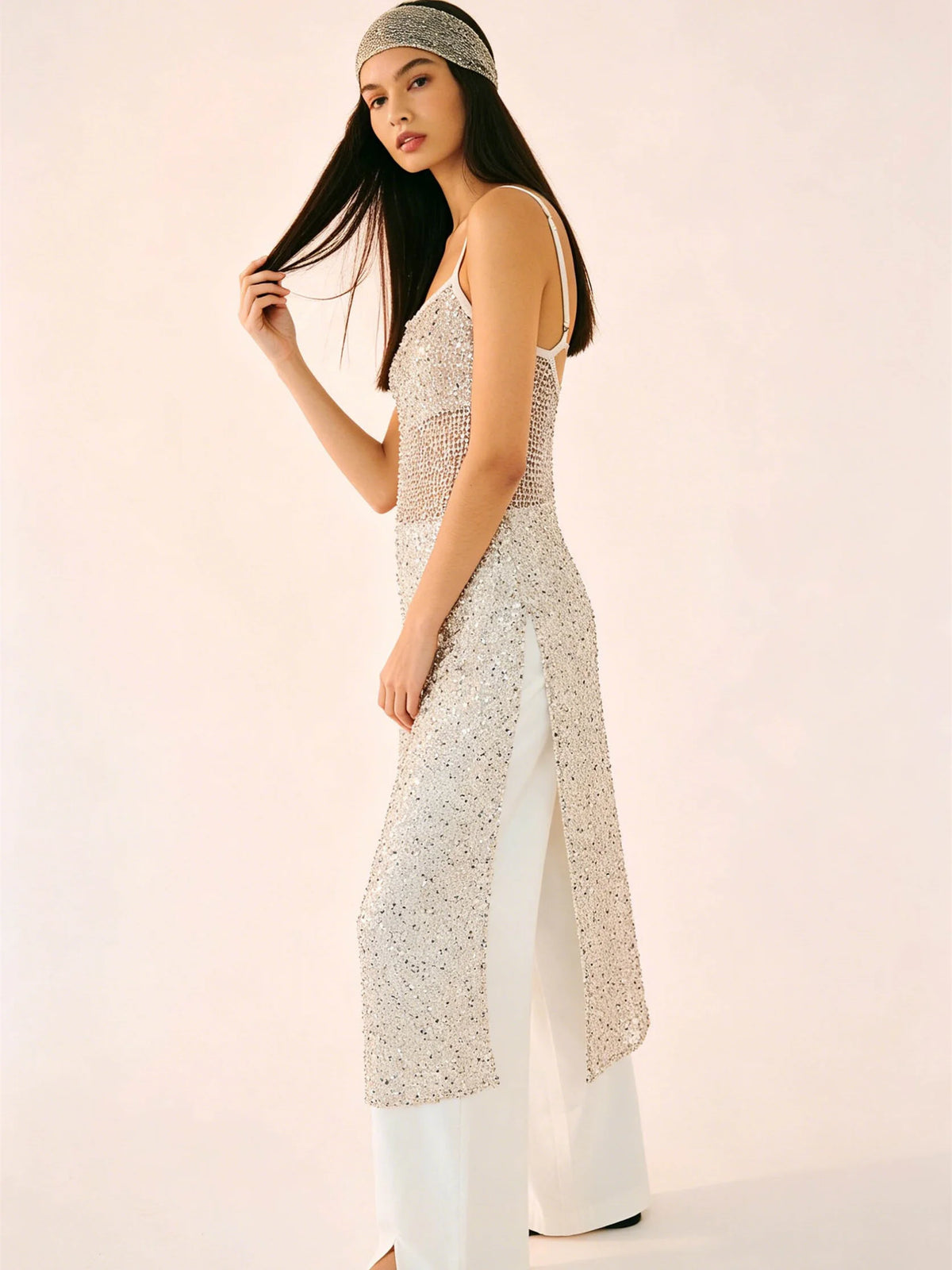 Elegant beige sequin dress for women from Corporación Turística, perfect for festive occasions, shown in a stylish fit.