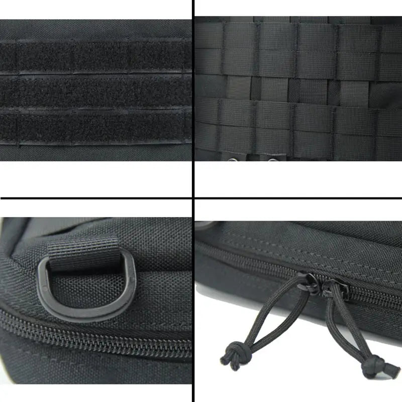 Tactical tool kit in a black MOLLE backpack by Corporación Turística with multiple compartments and adjustable straps.