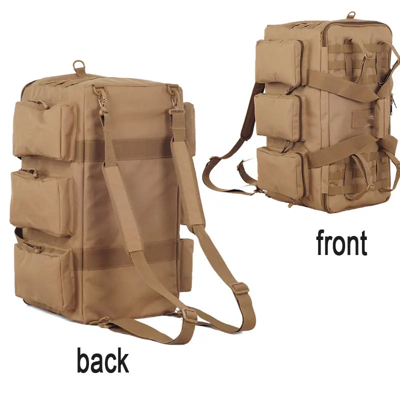 Corporación Turística 55L canvas travel bag and camping backpack with adjustable straps and durable material for outdoor adventures.