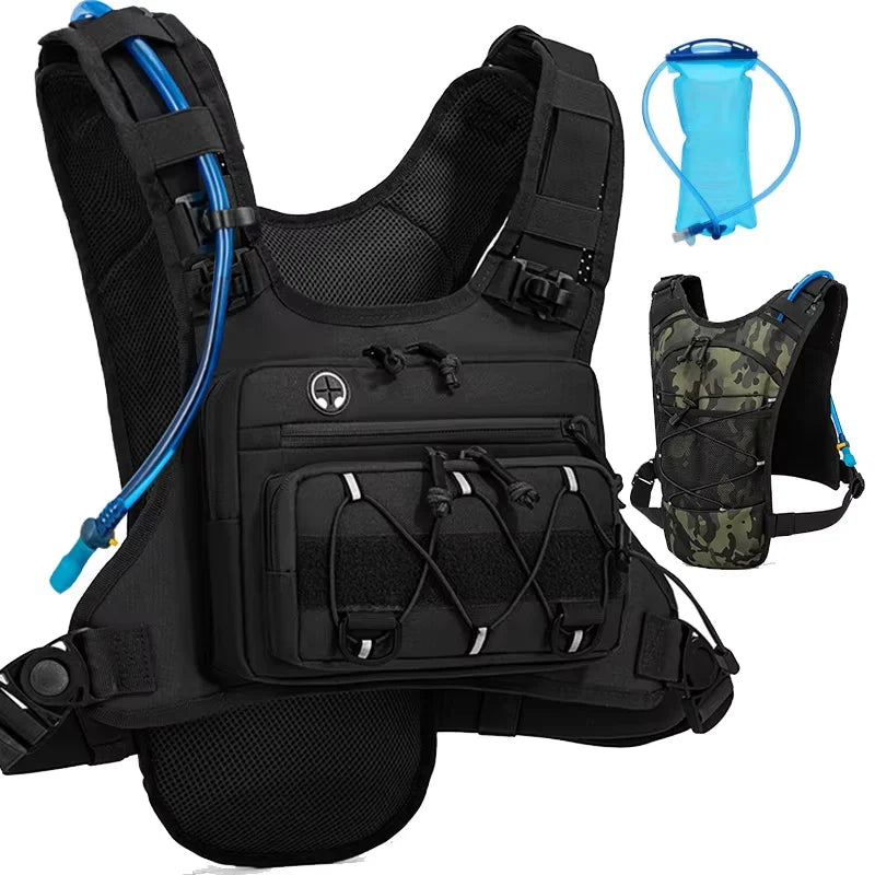 Hydration running and cycling vest with 2L water bag from Corporación Turística, featuring adjustable straps and front pockets.