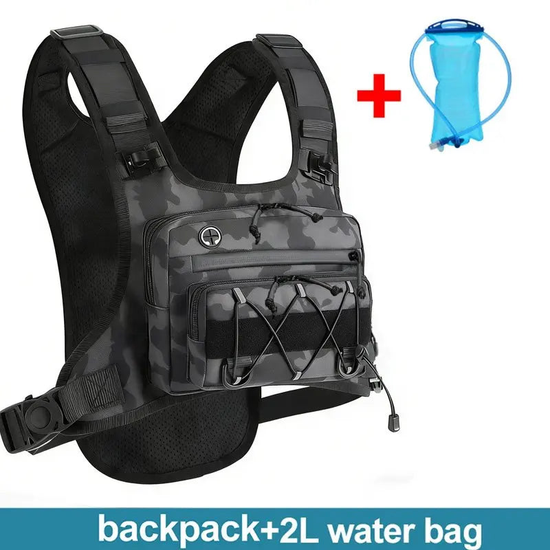 Hydration running and cycling vest by Corporación Turística with 2L water bag and adjustable straps, designed for active outdoor sports.