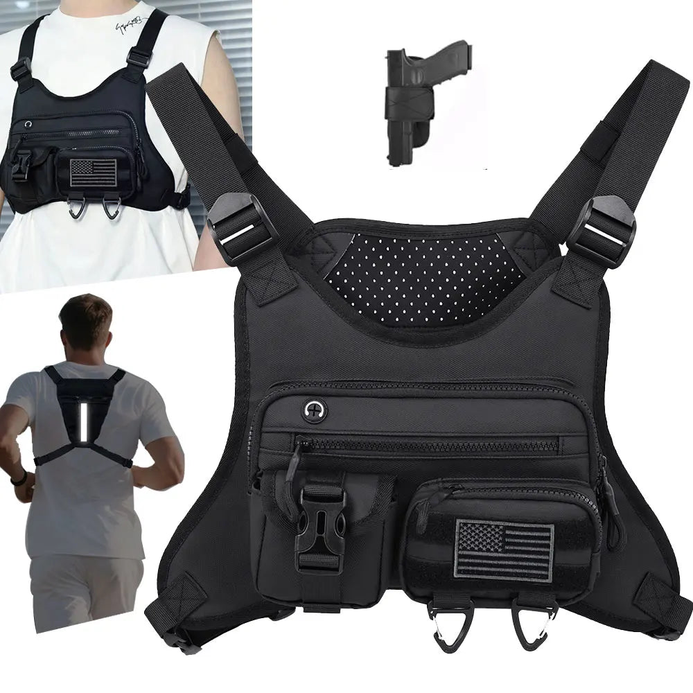 Front camping vest with integrated backpack and pocket, designed for outdoor adventures by Corporación Turística.
