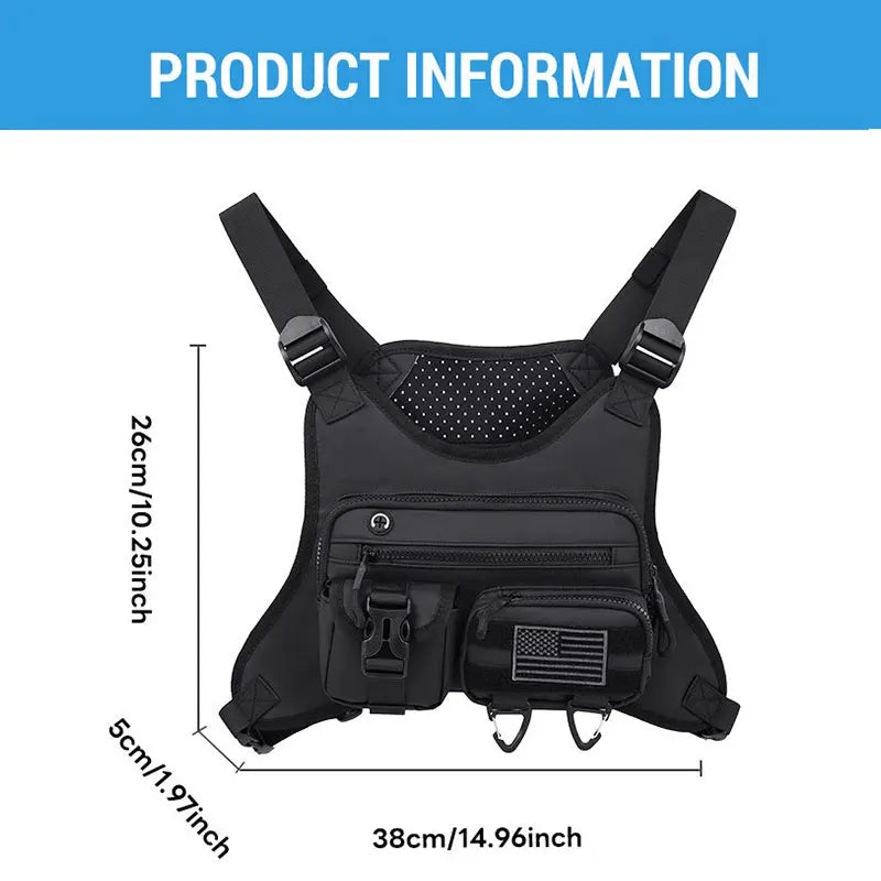 Front camping vest with integrated backpack and storage pockets, designed for outdoor adventures by Corporación Turística.