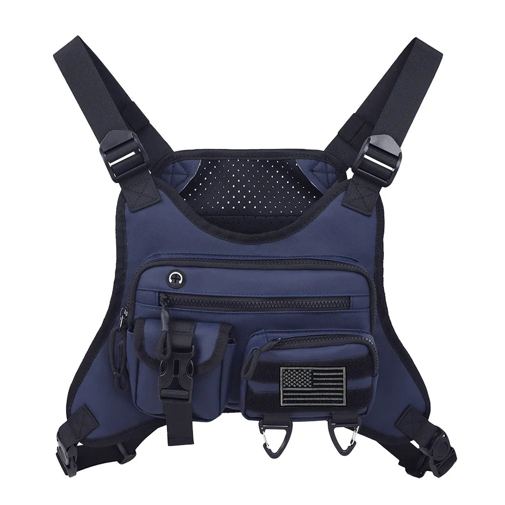 Frontal camping vest with integrated backpack and pocket by Corporación Turística, designed for outdoor hiking and camping.