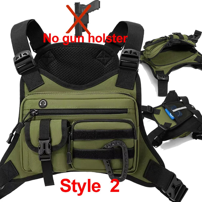Front camping vest with built-in backpack and storage pockets, designed for outdoor adventures by Corporación Turística.