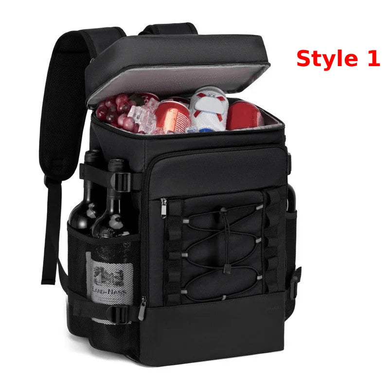 Black 30L insulated waterproof cooler backpack by Corporación Turística, showing the backpack's front view with adjustable straps.
