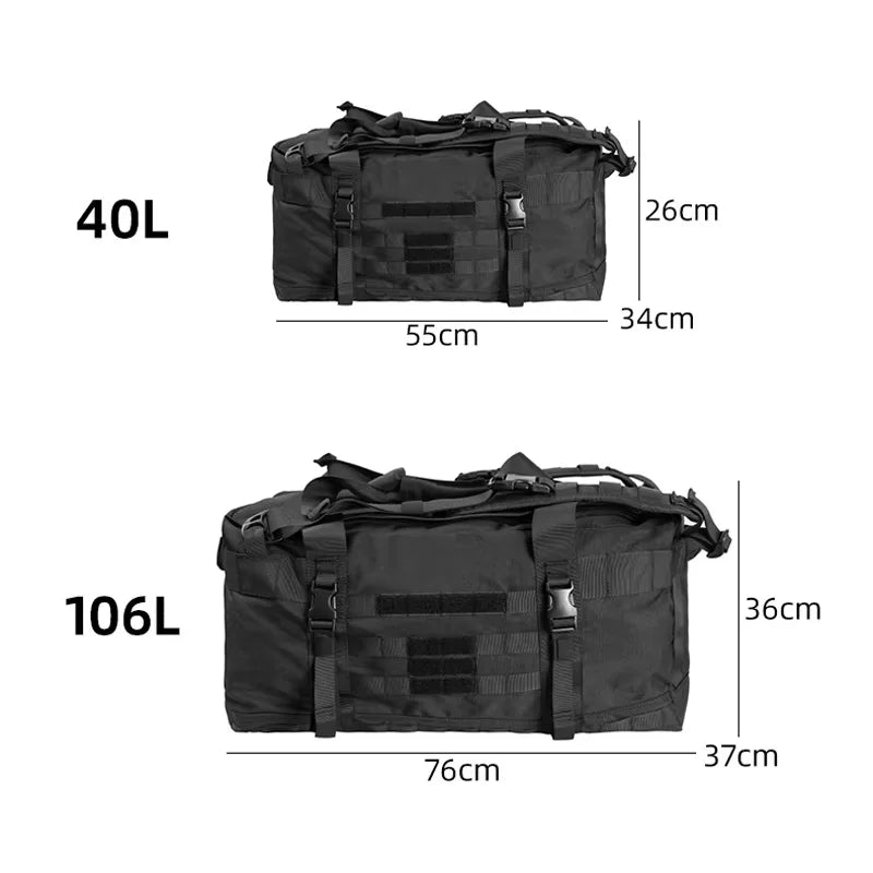 Black 106L travel bag and 40L camping backpack by Corporación Turística, durable and spacious for outdoor adventures.