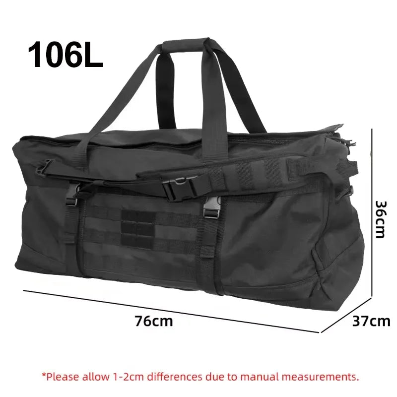 Black 106L travel bag and 40L camping backpack by Corporación Turística, showing durable fabric and multiple compartments.