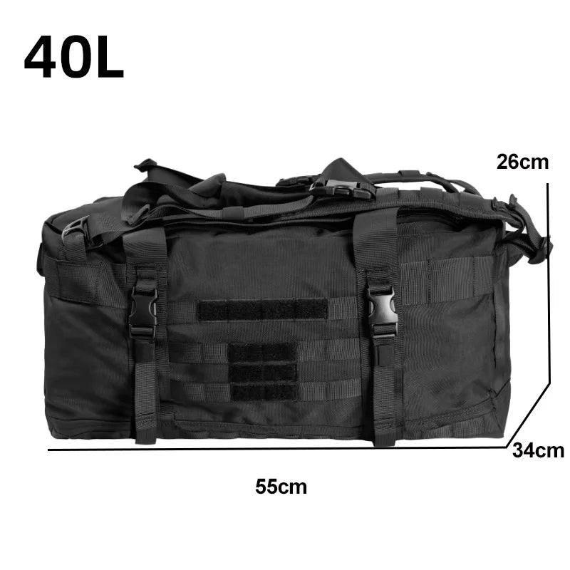 Black 106L travel bag and 40L camping backpack by Corporación Turística, durable luggage with spacious compartments.