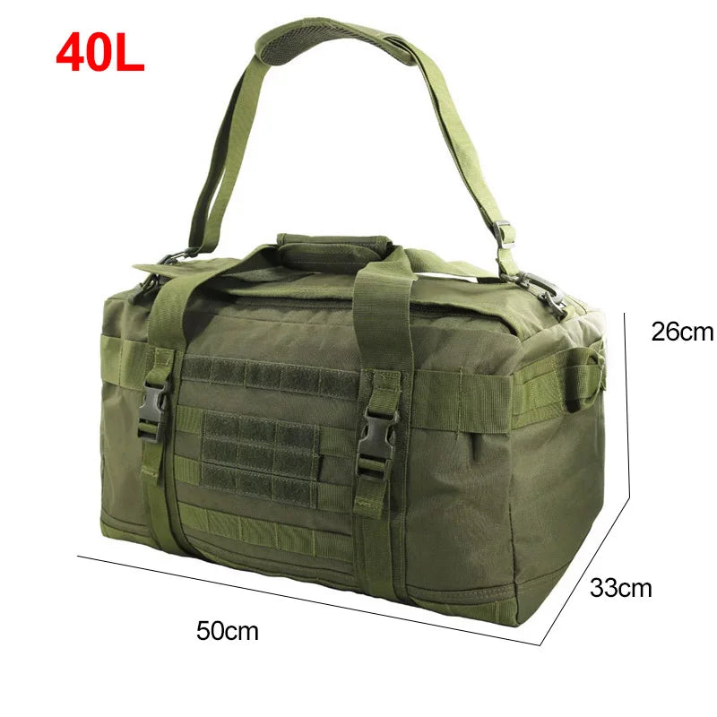 Black 106L travel bag and 40L camping backpack from Corporación Turística, durable and spacious for outdoor adventures.