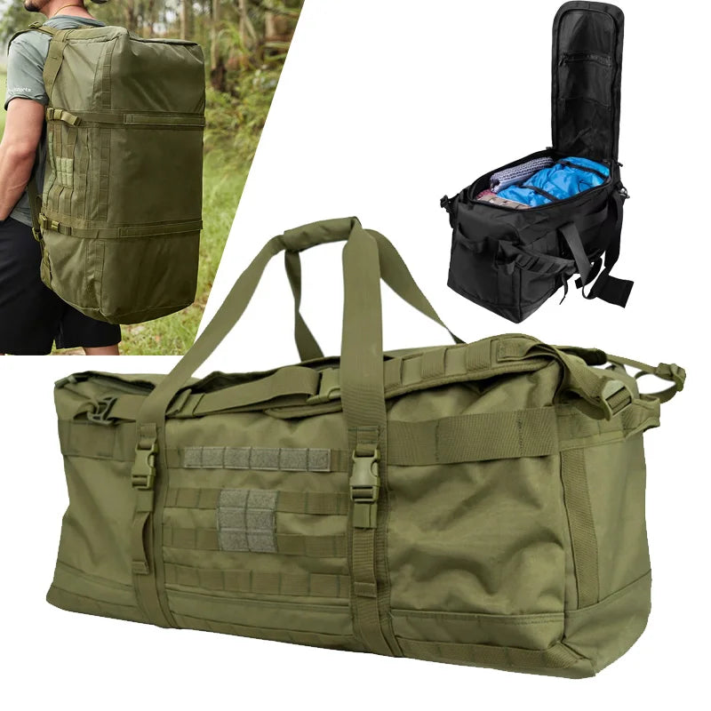 Black 106L travel bag and 40L camping backpack by Corporación Turística, durable nylon with multiple compartments and adjustable straps.