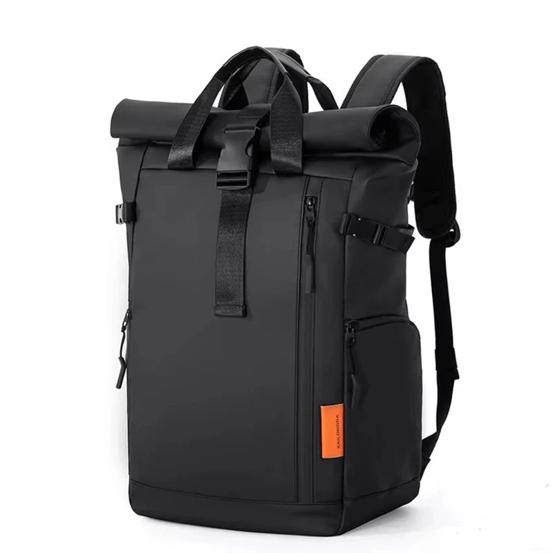 Black men's travel bag and laptop backpack by Corporación Turística, 16-inch size with multiple compartments.