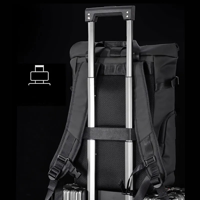 Black men's travel bag and laptop backpack by Corporación Turística, with multiple compartments and padded laptop sleeve.