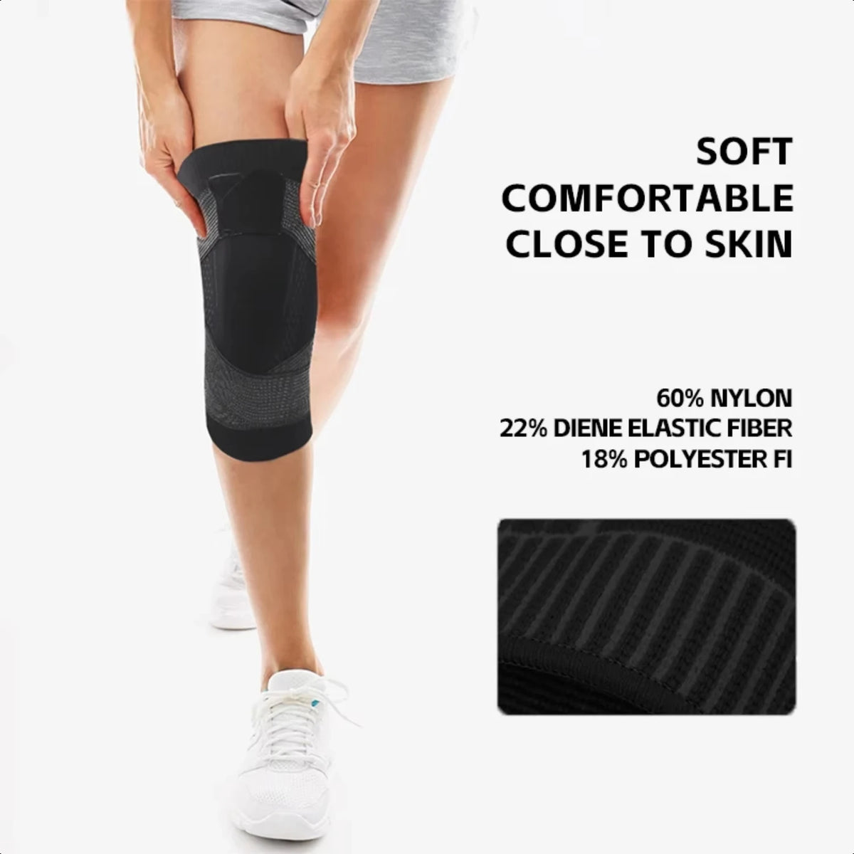 Black sports knee brace for men and women by Corporación Turística, providing support and compression for athletic activity.