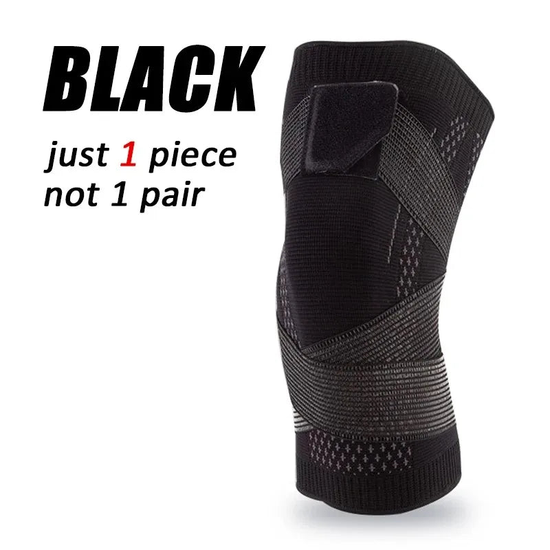 Black sports knee brace for men and women, Corporación Turística athletic knee support, adjustable and comfortable fit.