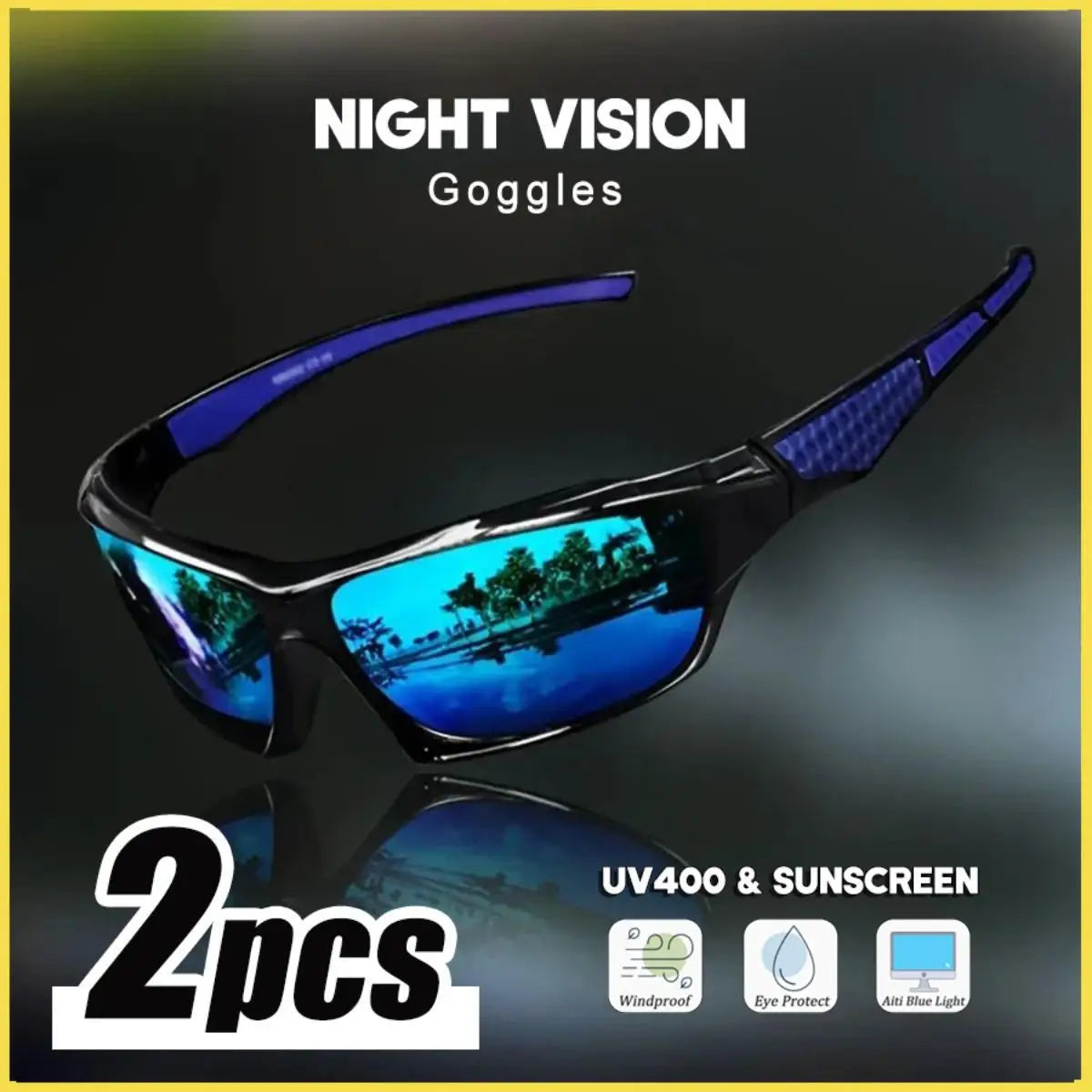 Unisex 2026 Gafas de visión nocturna deportivas de Corporación Turística, con marco negro y lentes para actividades nocturnas.