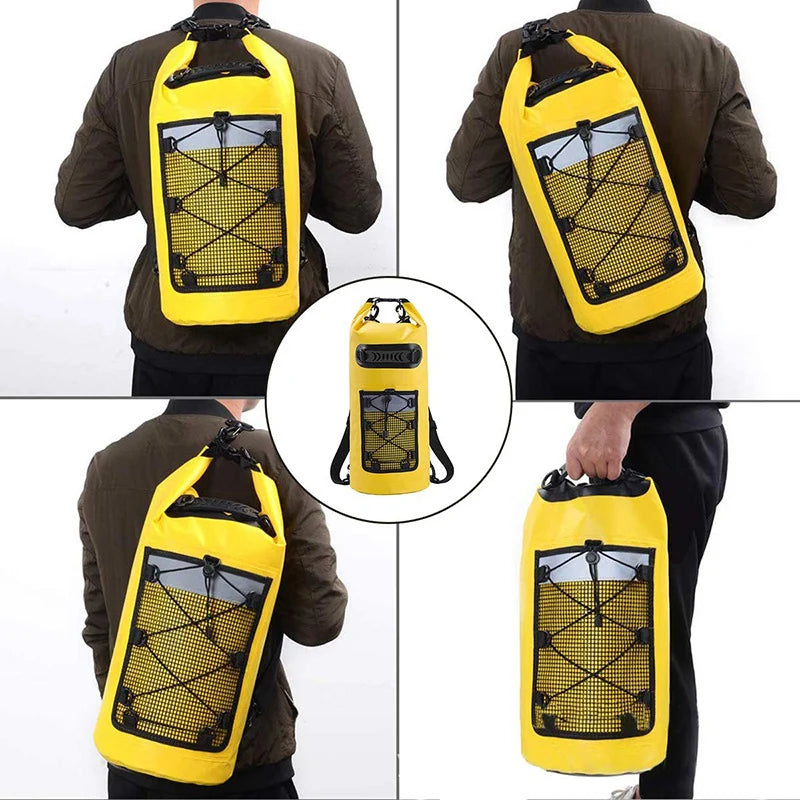 Black PVC swimming dry bag with backpack straps, 40L capacity, designed for women by Corporación Turística.