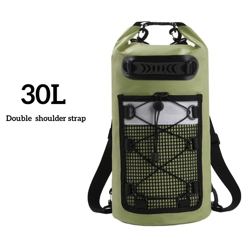 Black PVC swim pack with dry backpack for women, featuring multiple compartments and adjustable straps for outdoor water activities.