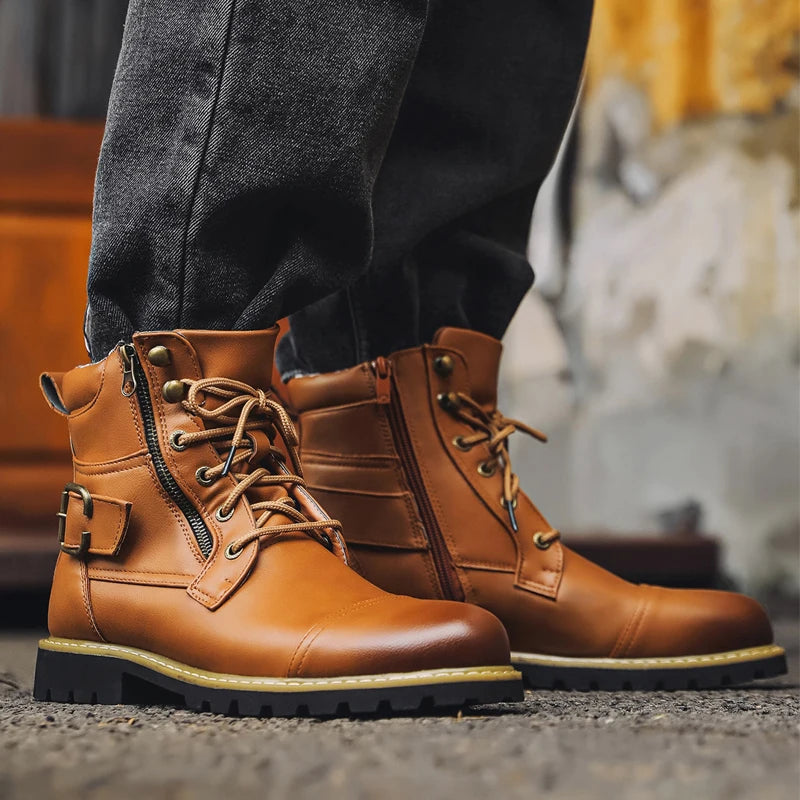 Black leather men's motorcycle boots by Corporación Turística, featuring sturdy design and secure fit for riding comfort.