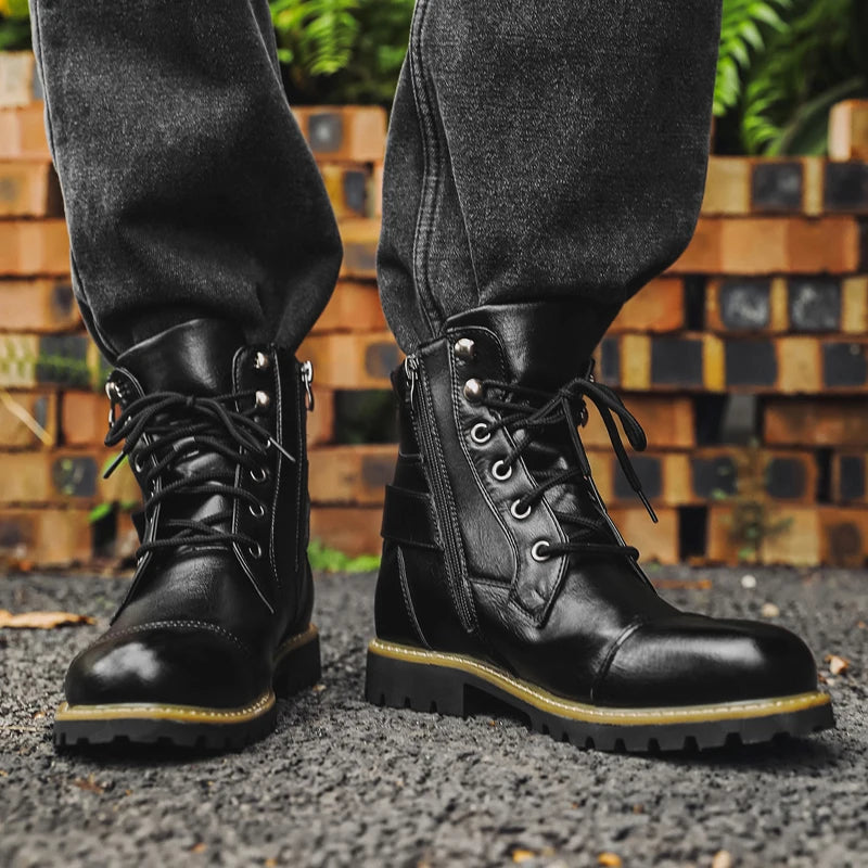Black men's leather motorcycle boots by Corporación Turística, featuring sturdy design and stylish ankle-high fit.