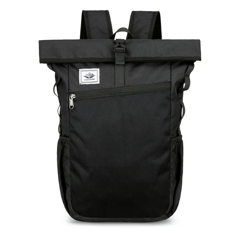 Black Corporación Turística travel and hiking backpack with multiple compartments, ideal for camping, climbing, and outdoor sports.