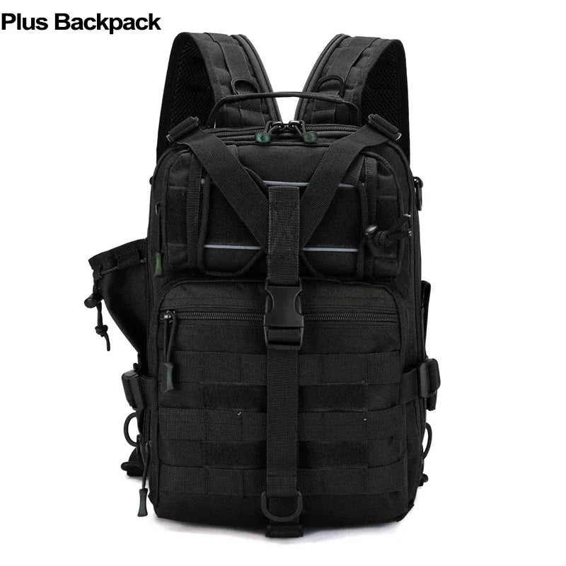 Black Corporación Turística travel and hiking backpack with multiple compartments and tactical design for outdoor activities.