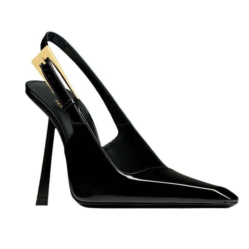 Black patent high-heeled sandals for women with 7cm heel, featuring sleek straps and elegant design.