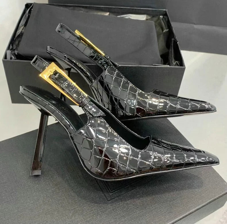 Black patent high-heeled sandals for women with 7cm heel, featuring sleek straps and elegant design.