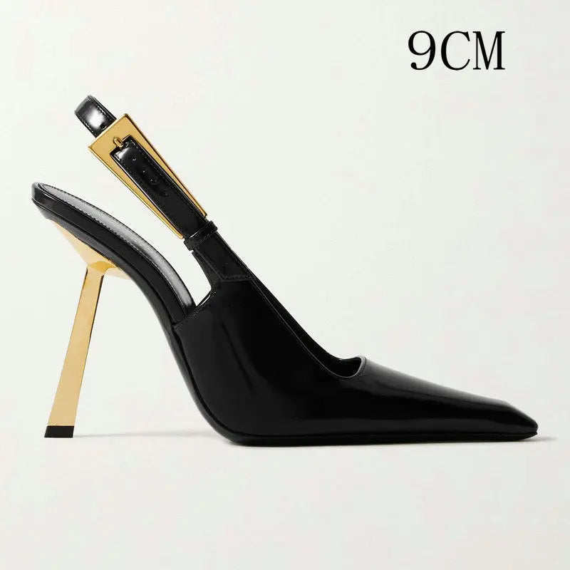 Black high-heeled patent leather sandals for women with 7cm heel, stylish footwear by Corporación Turística.