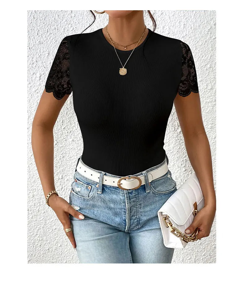 Black women's lace short-sleeve bodysuit from Corporación Turística, featuring a sexy, fitted design and delicate lace details.