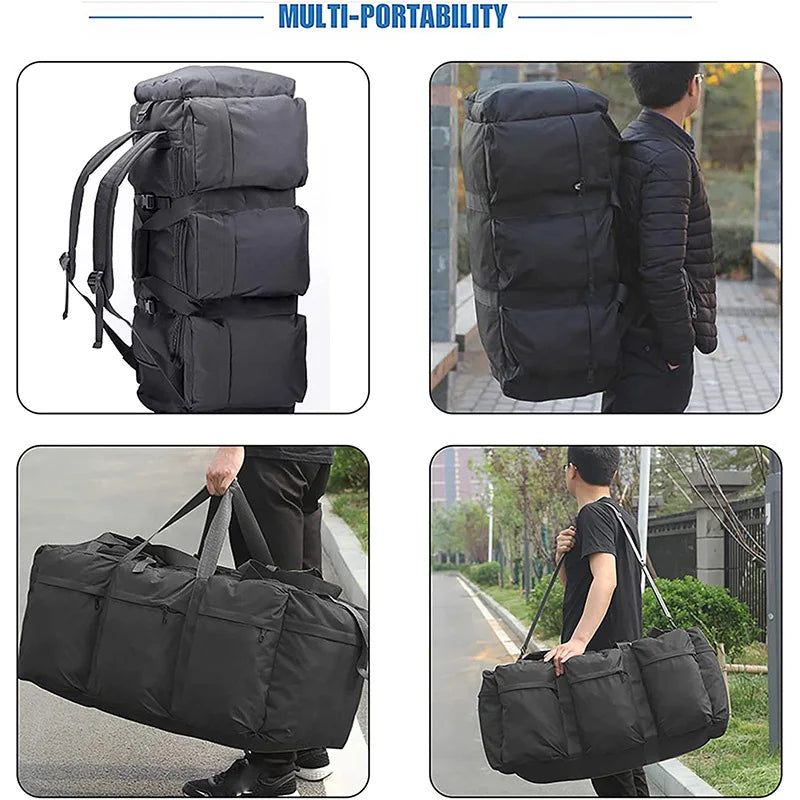 Black 100L camping backpack by Corporación Turística, large travel luggage bag for outdoor camping and hiking trips.