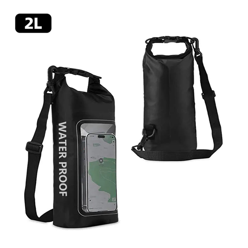 Black 2L PVC waterproof swimming bag with transparent window, designed for aquatic activities by Corporación Turística.