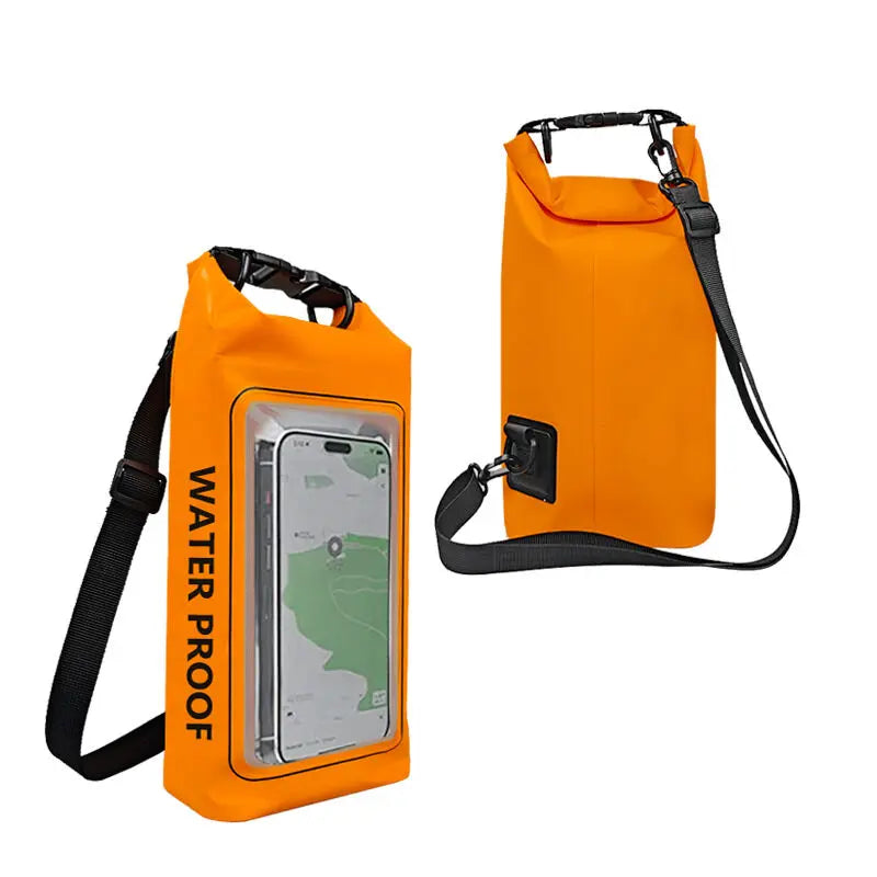 Black 2L PVC waterproof swimming bag with transparent pocket from Corporación Turística, designed for aquatic activities.