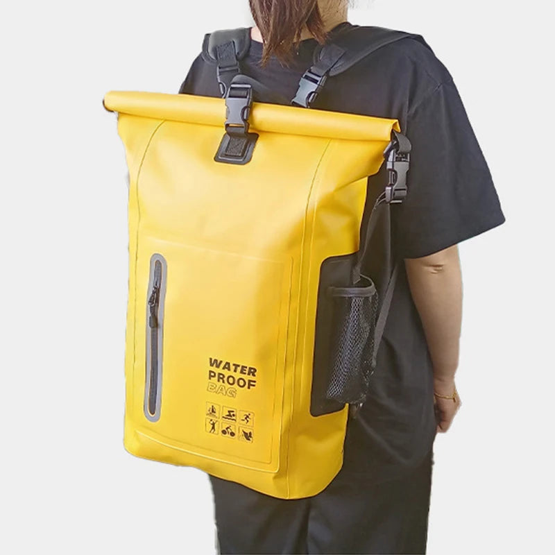 Black waterproof dry bag from Corporación Turística, ideal for kayaking and swimming, with a durable, secure closure system.