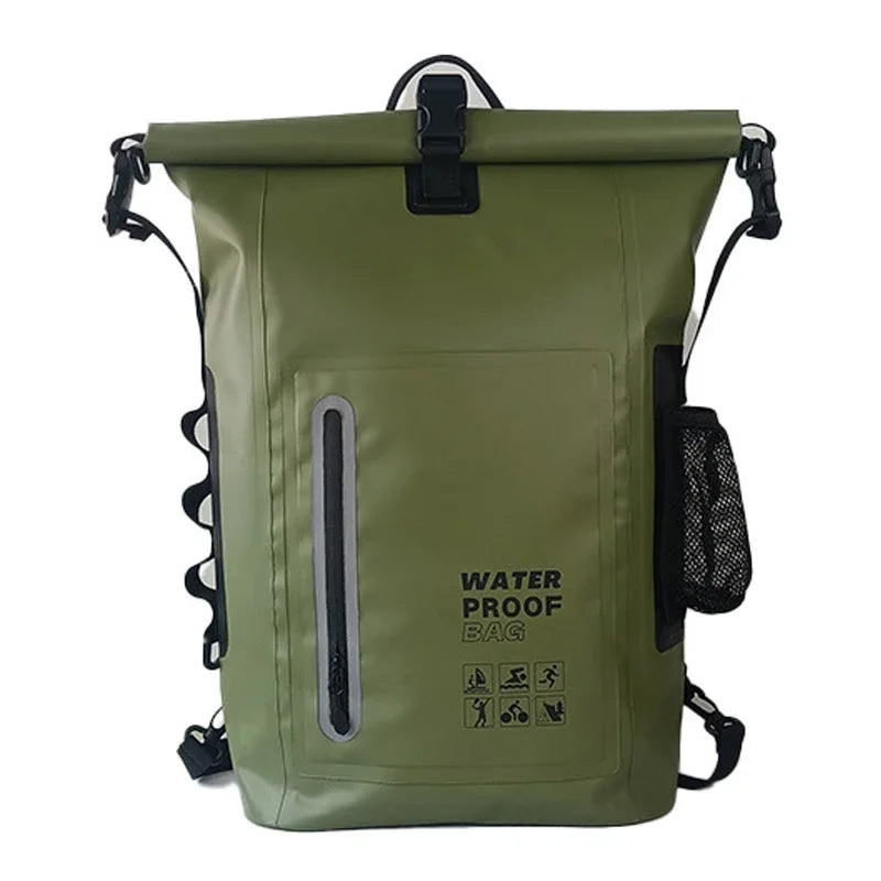 Black waterproof dry bag from Corporación Turística, ideal for kayaking and swimming, featuring a secure roll-top closure and backpack straps.