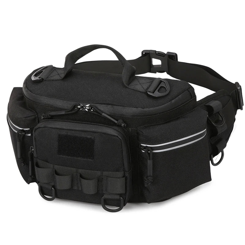 Black tactical waist bag for camping and hiking, with adjustable straps and multiple compartments, from Corporación Turística.
