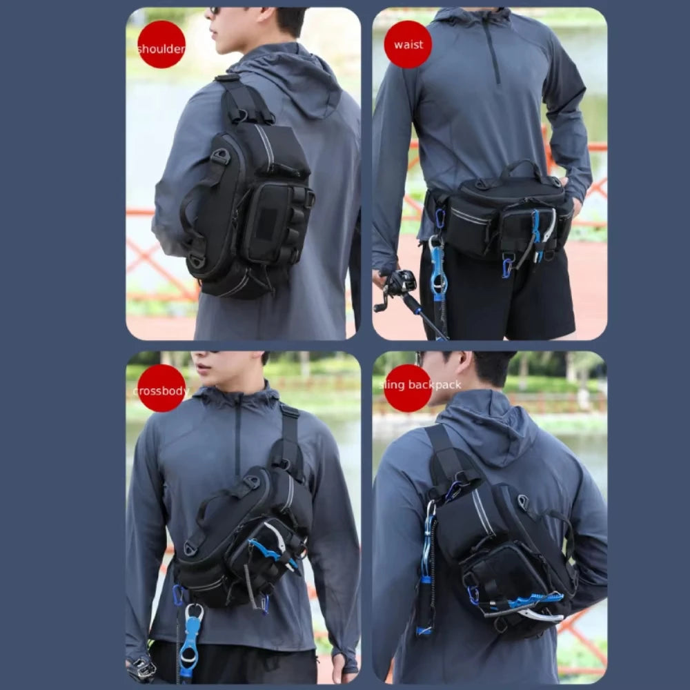 Black tactical waist bag by Corporación Turística, suitable for camping and outdoor activities, with adjustable straps and multiple compartments.
