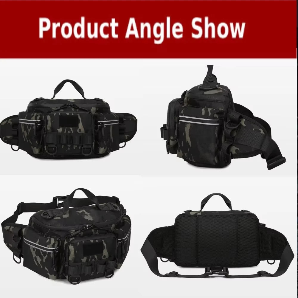 Black tactical waist bag from Corporación Turística with adjustable straps, ideal for camping and outdoor activities.
