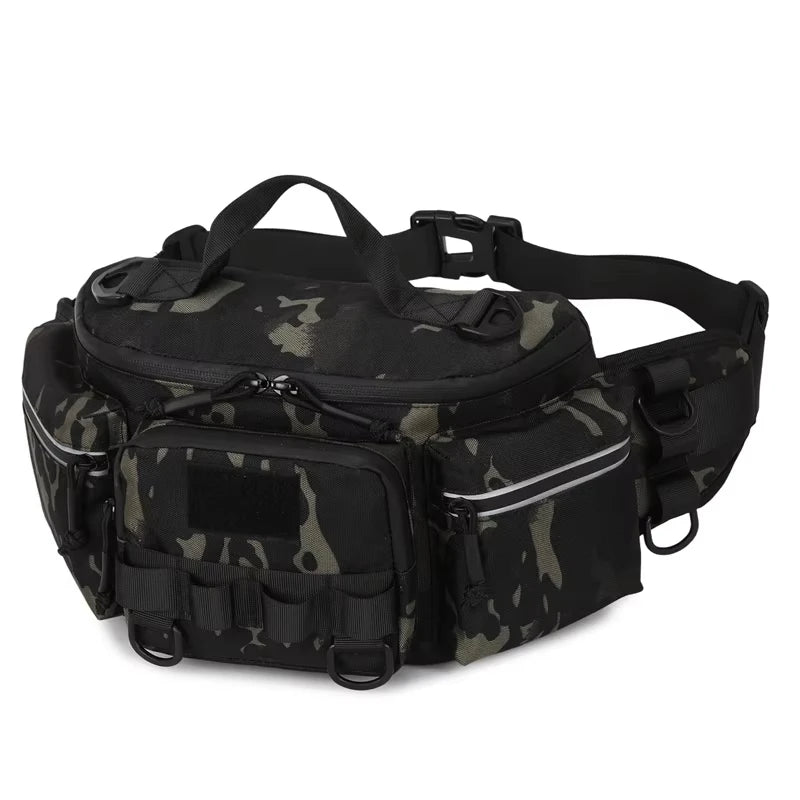 Black tactical waist bag and chest pack from Corporación Turística for camping and outdoor activities.
