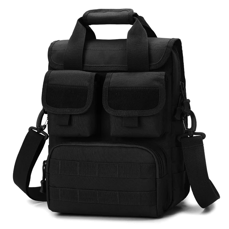 Black tactical shoulder bag for men with MOLLE system by Corporación Turística, durable and versatile for outdoor use.