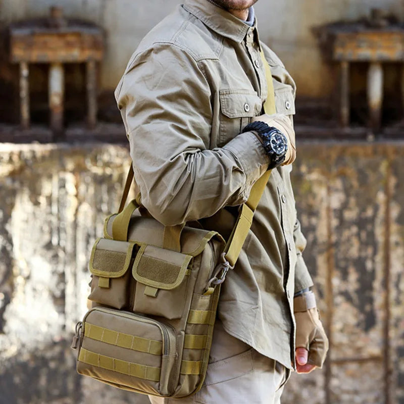 Black men's tactical shoulder bag from Corporación Turística with MOLLE system, durable and versatile for outdoor use.