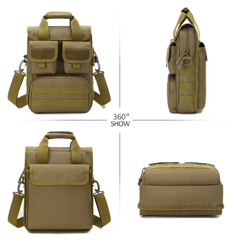 Black tactical shoulder bag for men with Molle system, durable military-style backpack for outdoor and tactical use.
