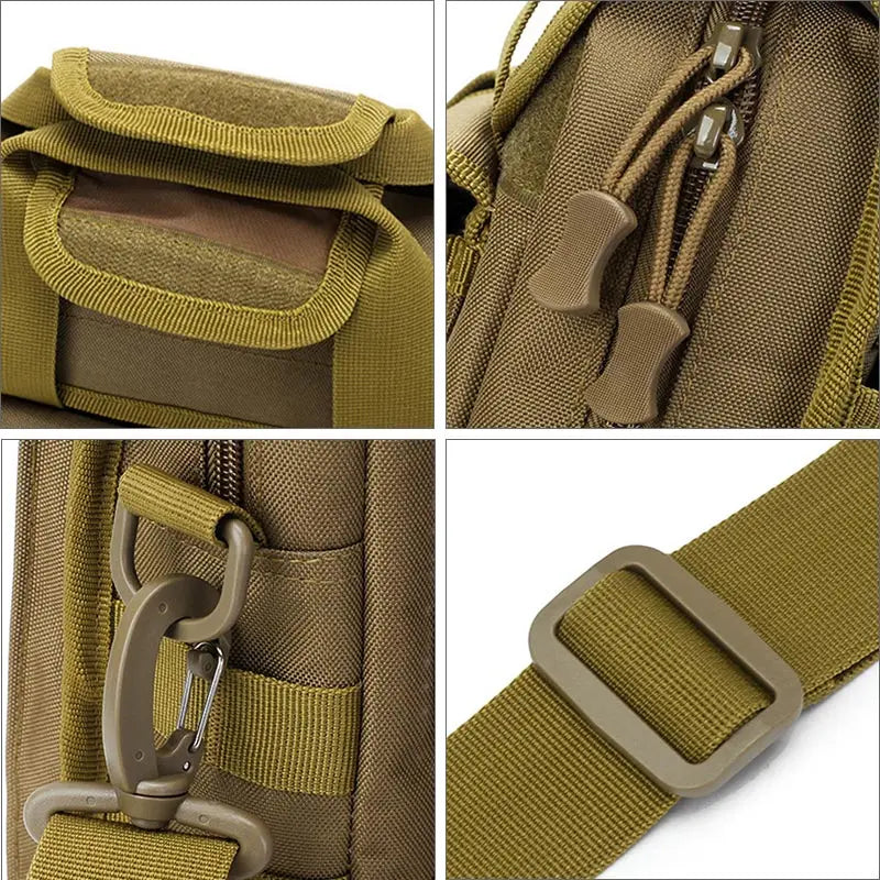 Black tactical shoulder bag for men with Molle webbing, durable military-style backpack for outdoor and tactical use.
