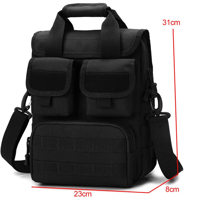 Black tactical shoulder bag for men, Corporación Turística Molle backpack with multiple compartments and durable design.